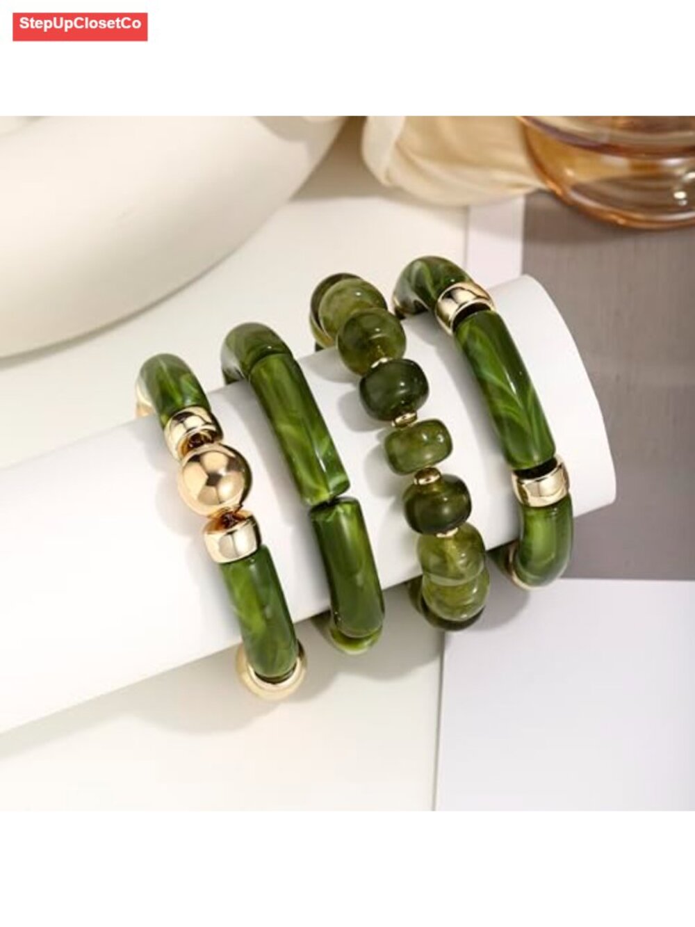 Chunky Acrylic Beaded Bracelets for Women Bohemian Stretch Set of 4 - Picture 5 of 6